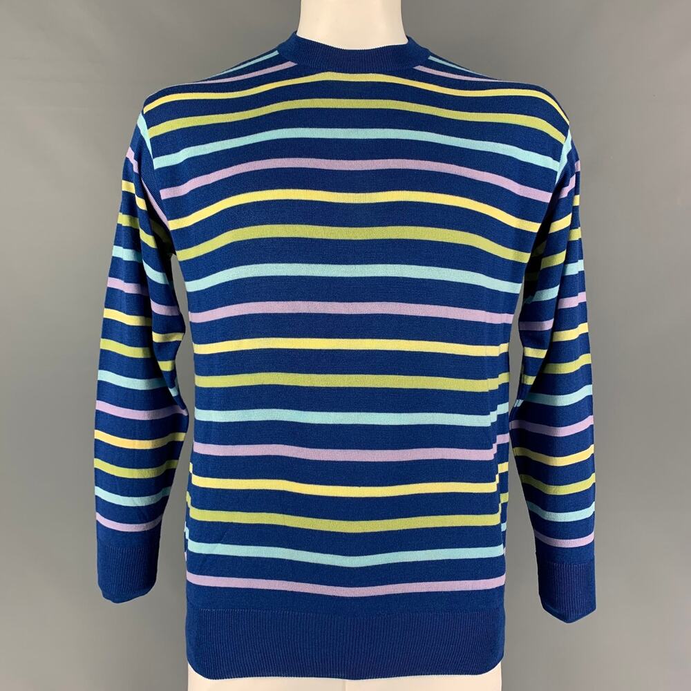 GENE MEYER Size L Blue Yellow Stripe Cotton Blend Crew-Neck Pullover